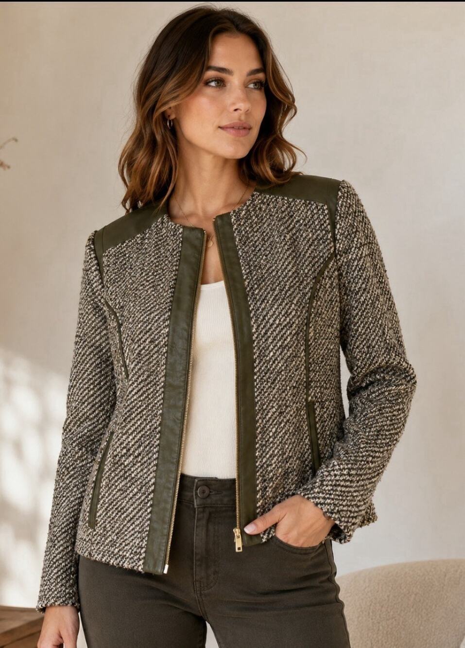 Vintage Liz Claiborne New York 16 Tweed Boucle Genuine Leather Moto Jacket Olive